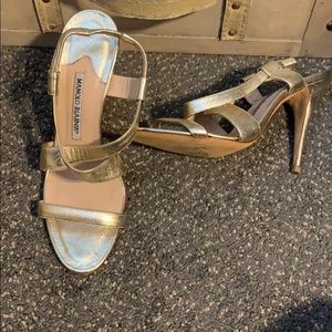 Manolo Blahnik gold criss cross 5 inch heels